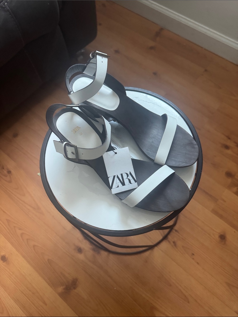 ZARA Black Footbed White Strap Ankle Sandals